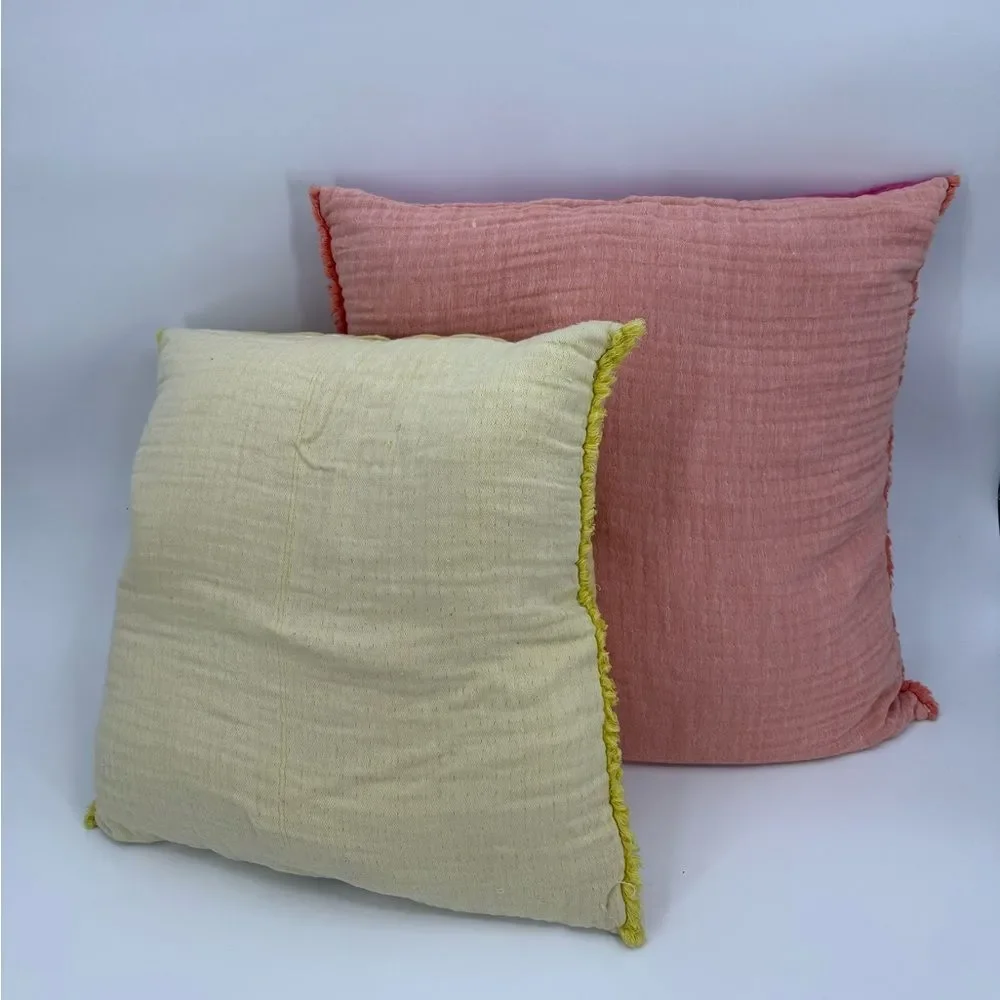 Anthropologie Home Reversible Linen Blend Fringe Pillow Cover Pink/Peach | 24x24